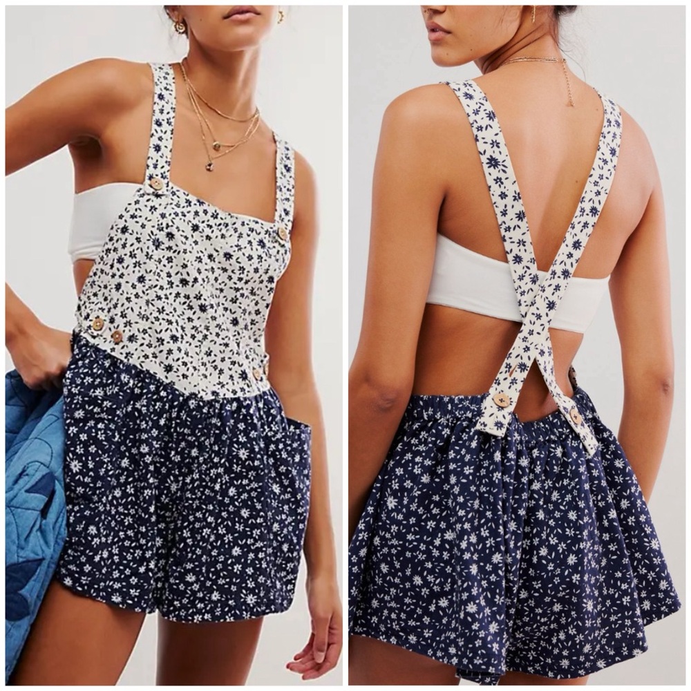 Free People Floral Print Jumpsuit in Navy and Cream